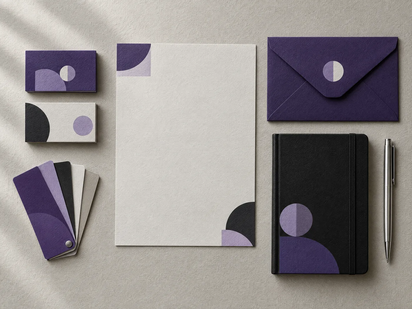 Business cards, letterhead and envelope in purple and black with a color palette card