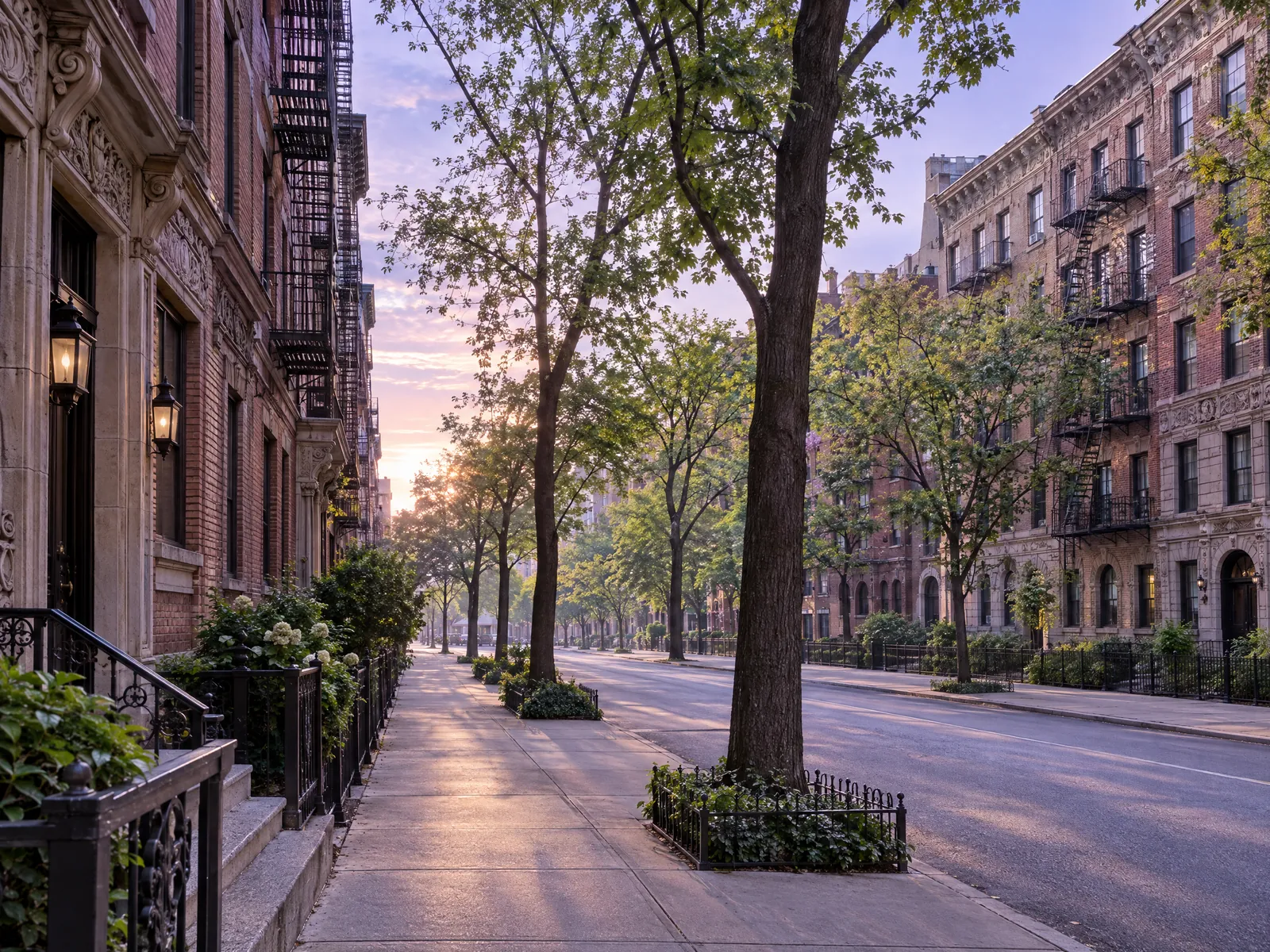 Pre-war apartment buildings on a tree-lined avenue in morning light