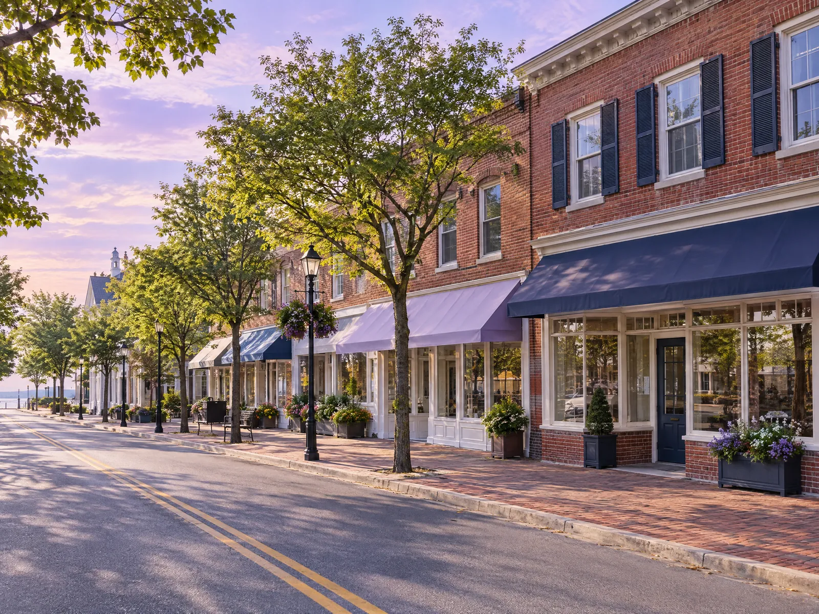 Village main street with brick storefronts on a sunny morning