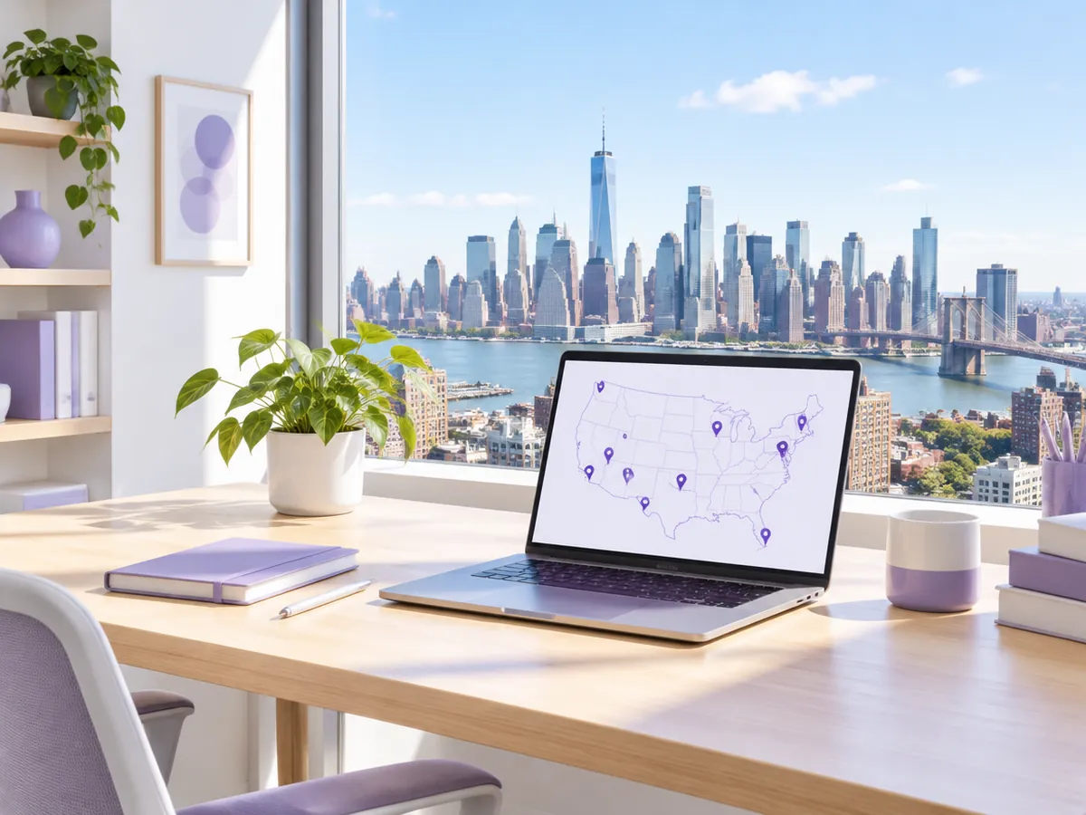 Desk by a window overlooking the Manhattan skyline, with a laptop showing a map of the United States