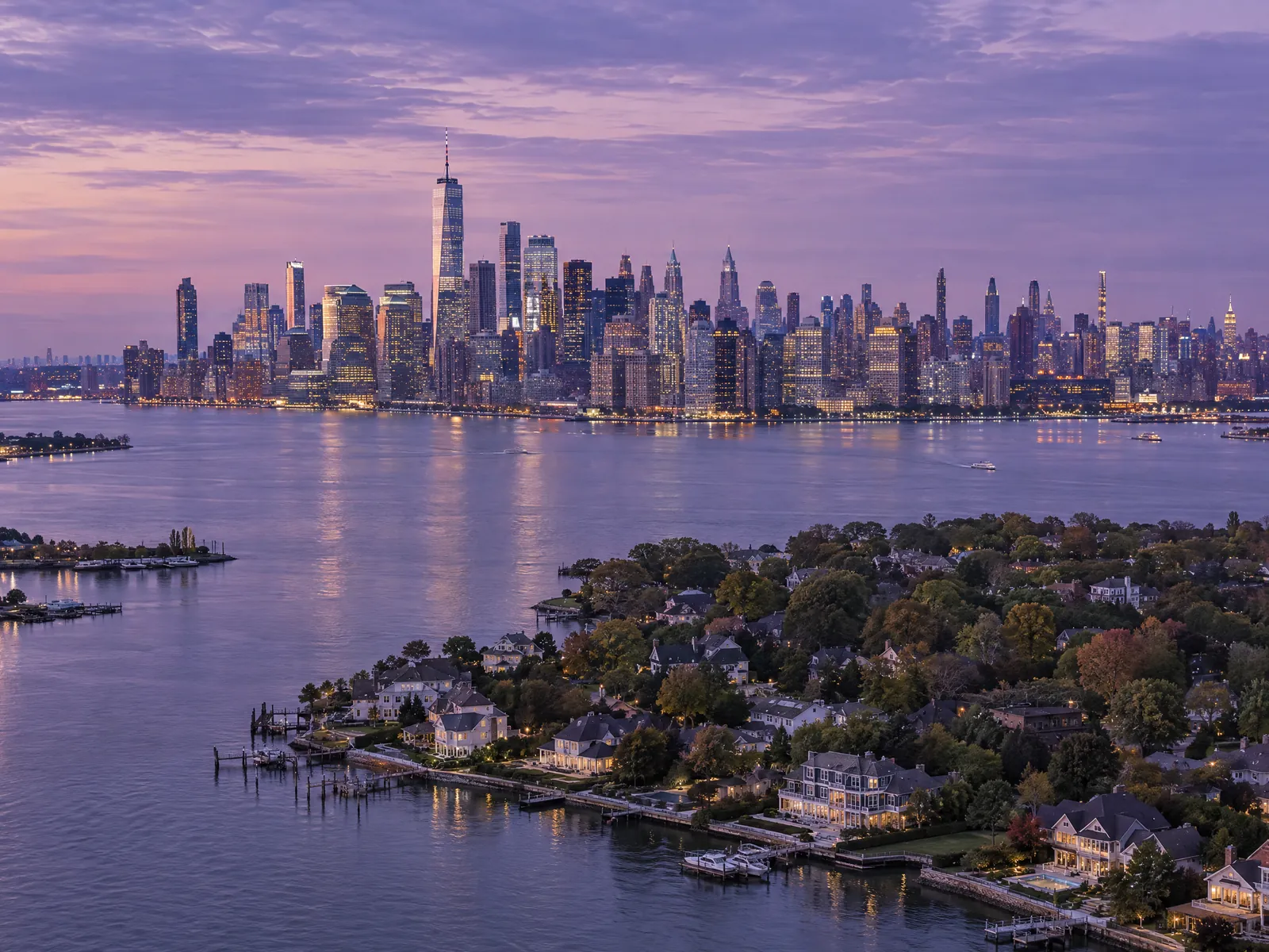 New York City skyline at dusk across the water