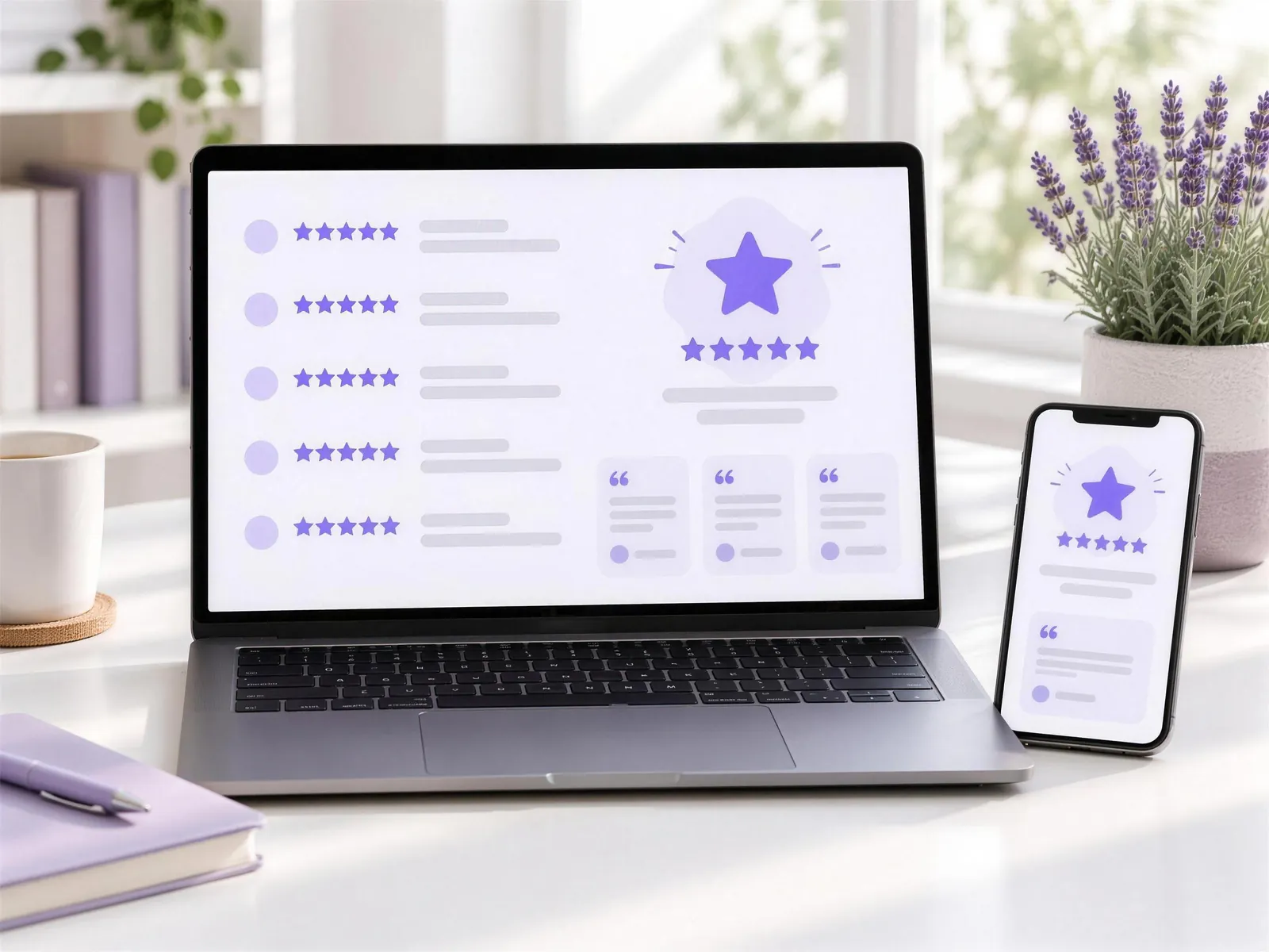 Laptop and phone showing a reviews dashboard with five star ratings