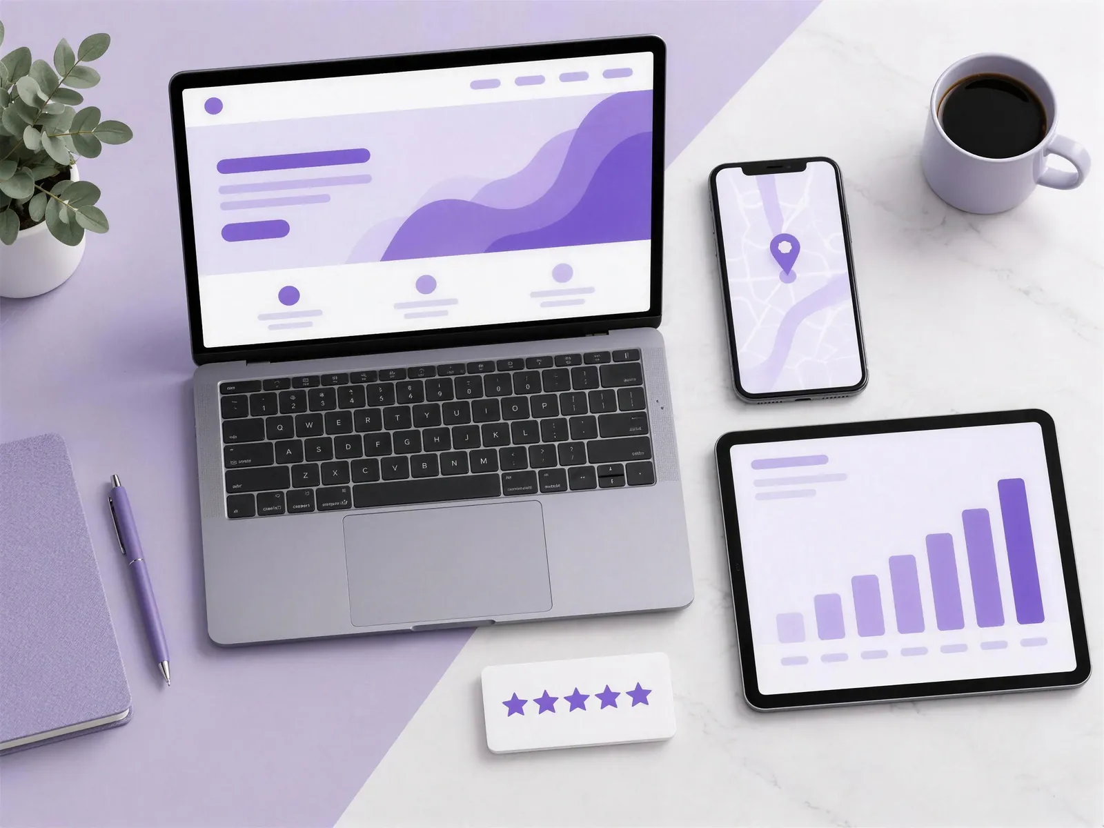 Laptop, phone and tablet showing a website, a map pin and a growth chart, with a five star review card