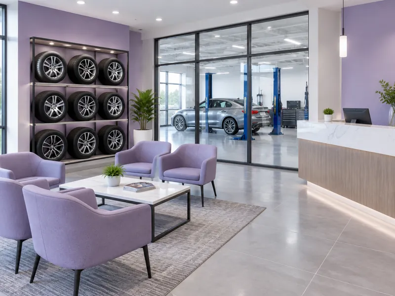 Auto service lounge with a tire display and a car in the service bay