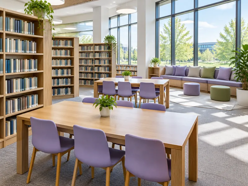 School library with study tables and lavender chairs