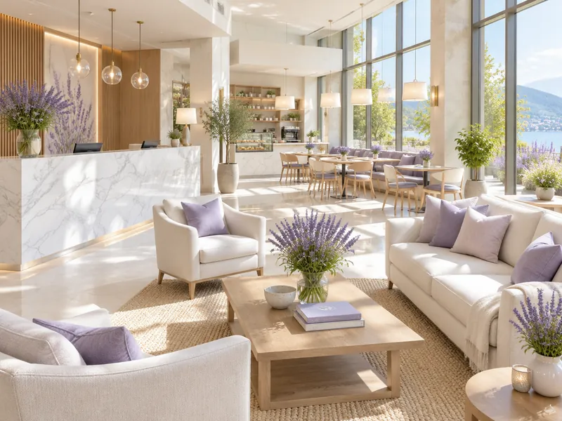 Boutique hotel lobby with lounge seating and lavender flowers