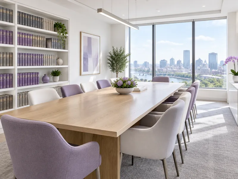 Law firm conference room with leather chairs and a city view at dusk