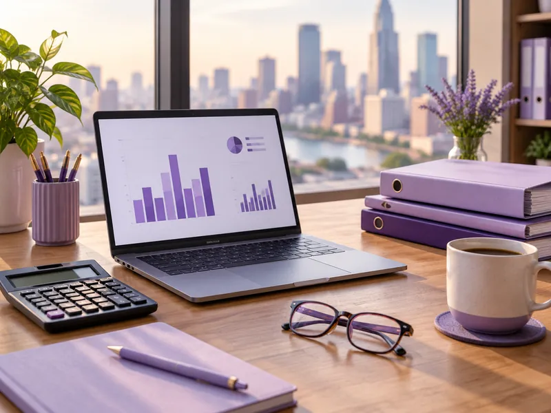 Accounting desk with a laptop, calculator and folders by a window