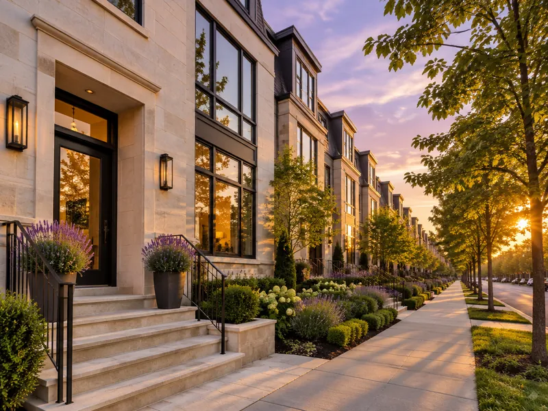 Townhouse entrance with lavender planters on a tree lined street