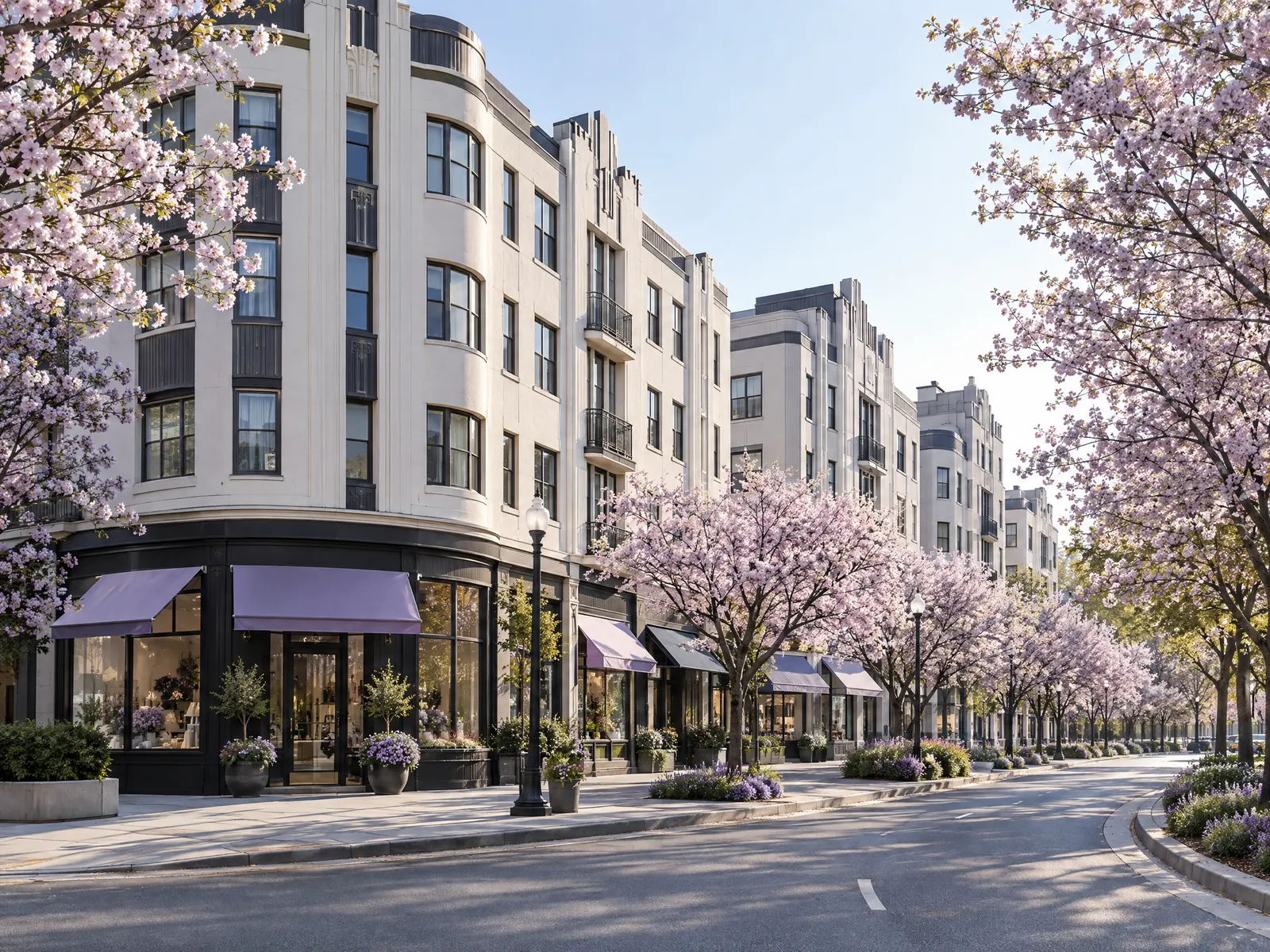 Curving boulevard of white art deco apartment buildings with shops under spring blossoms