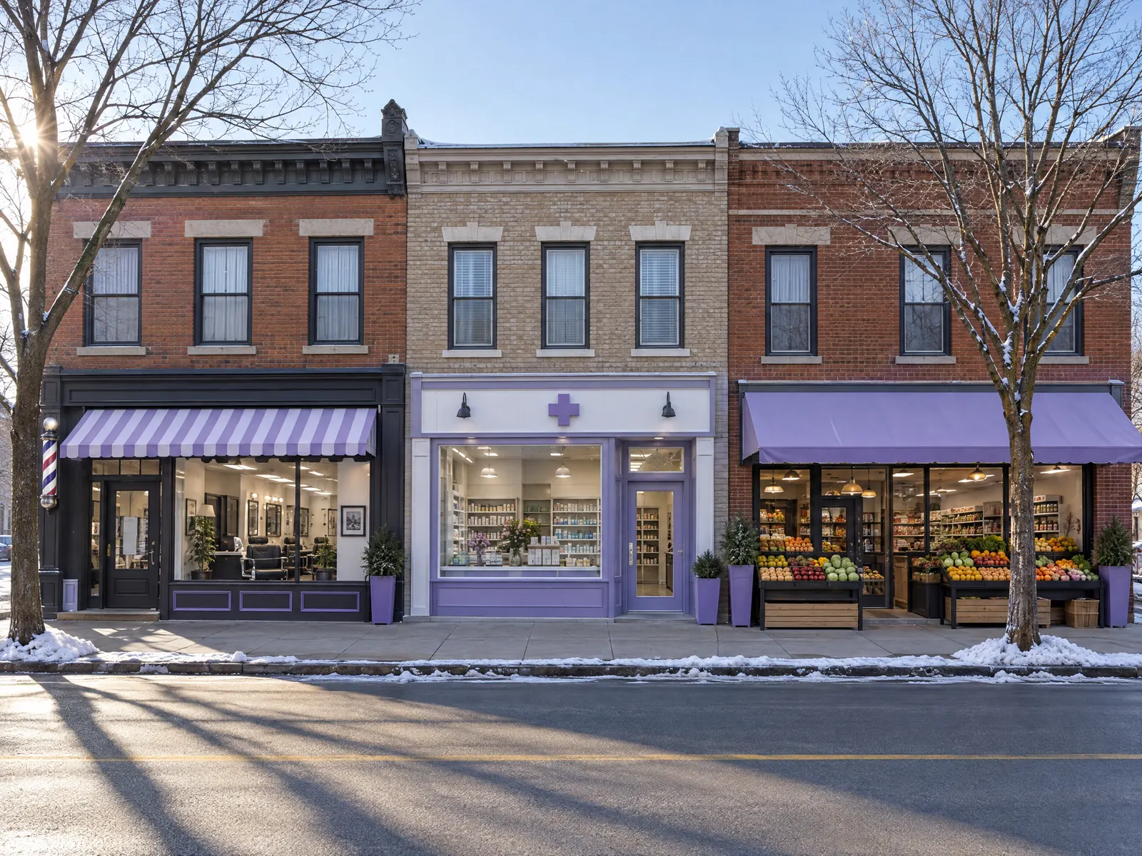 Row of brick storefronts with a barbershop, pharmacy and produce market on a winter day