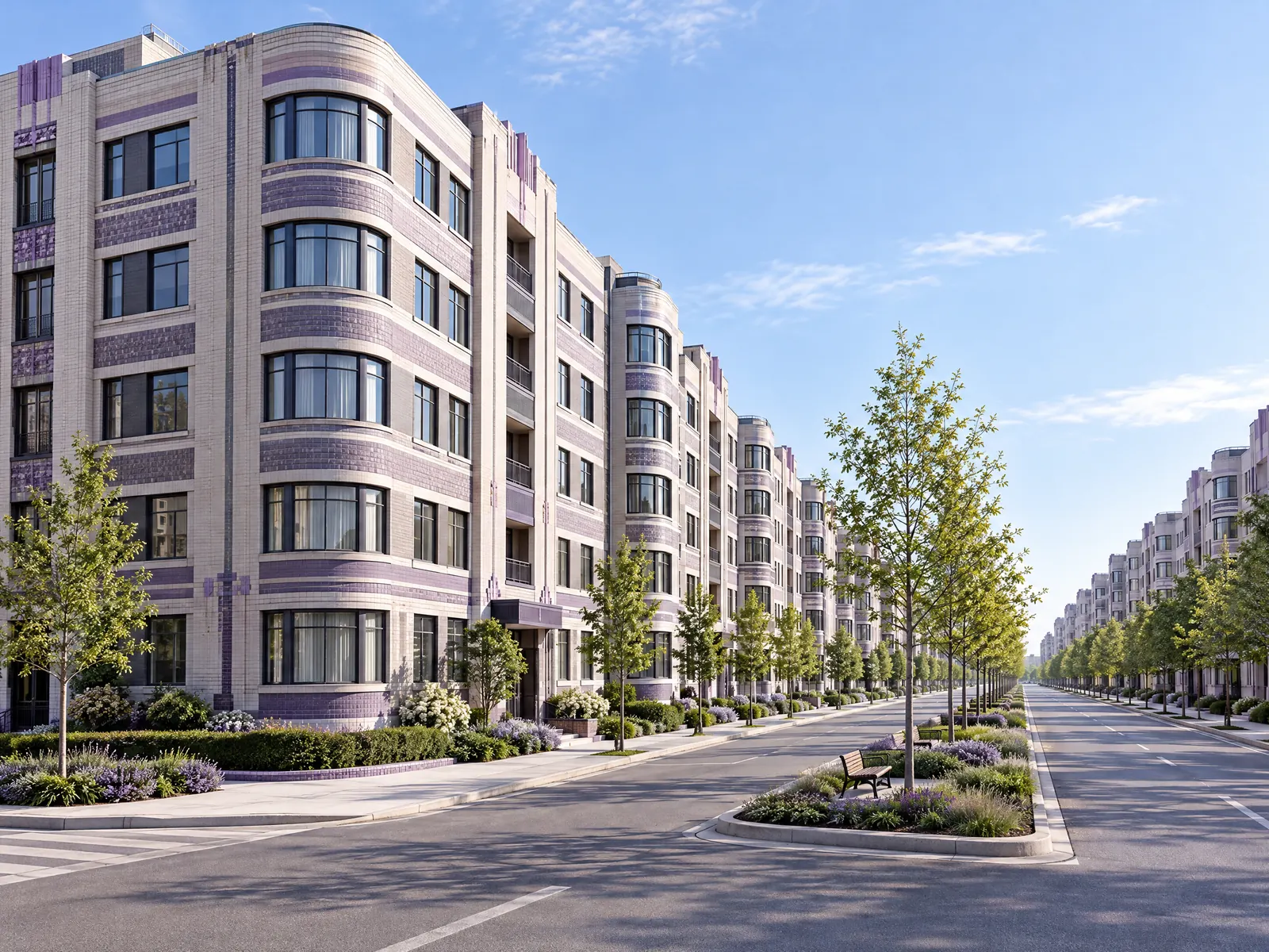 Wide boulevard lined with curved art deco apartment buildings and a planted median with benches