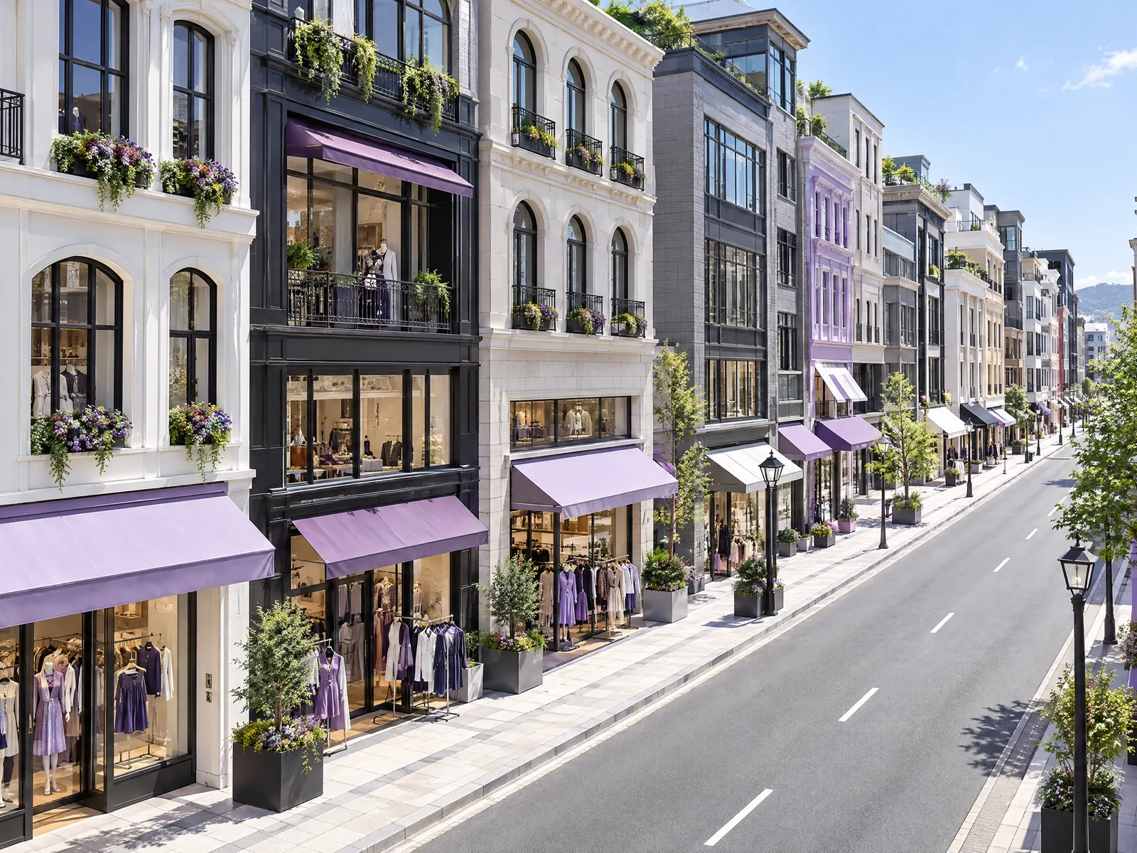 Busy shopping avenue of four story buildings with lavender awnings and clothing displays