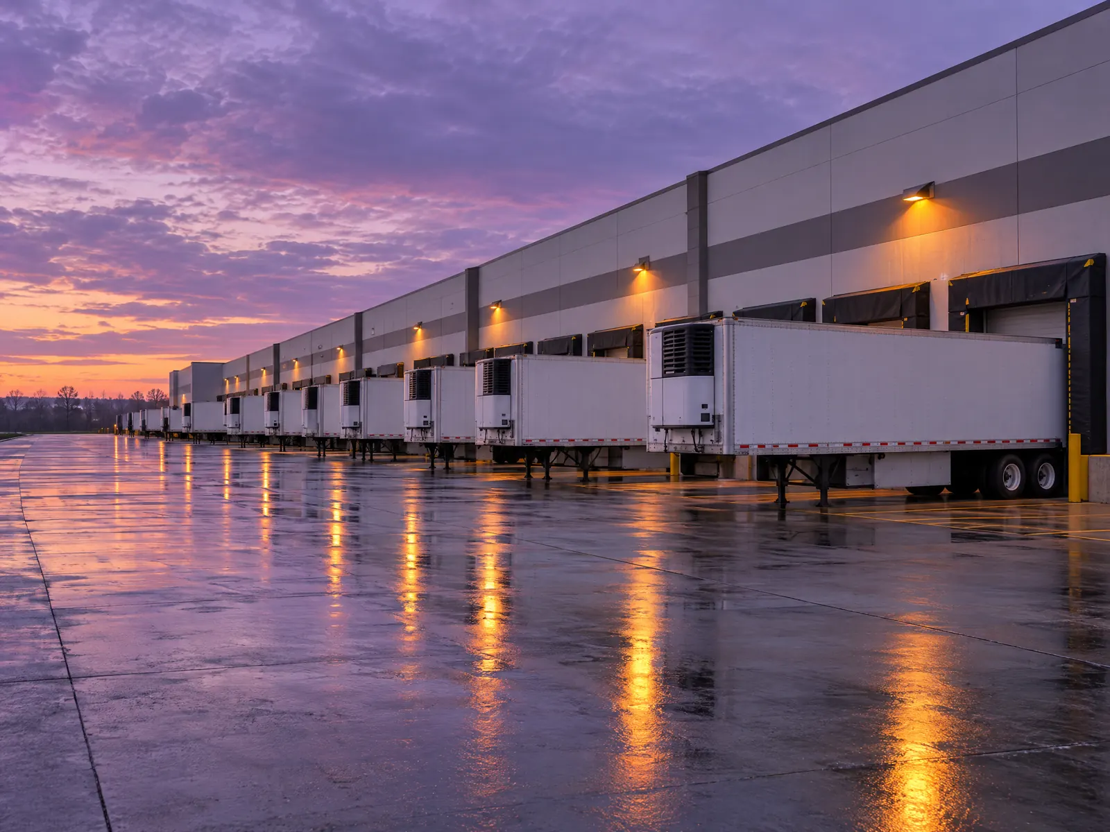 Warehouse loading docks with white refrigerated trailers on wet pavement at dawn