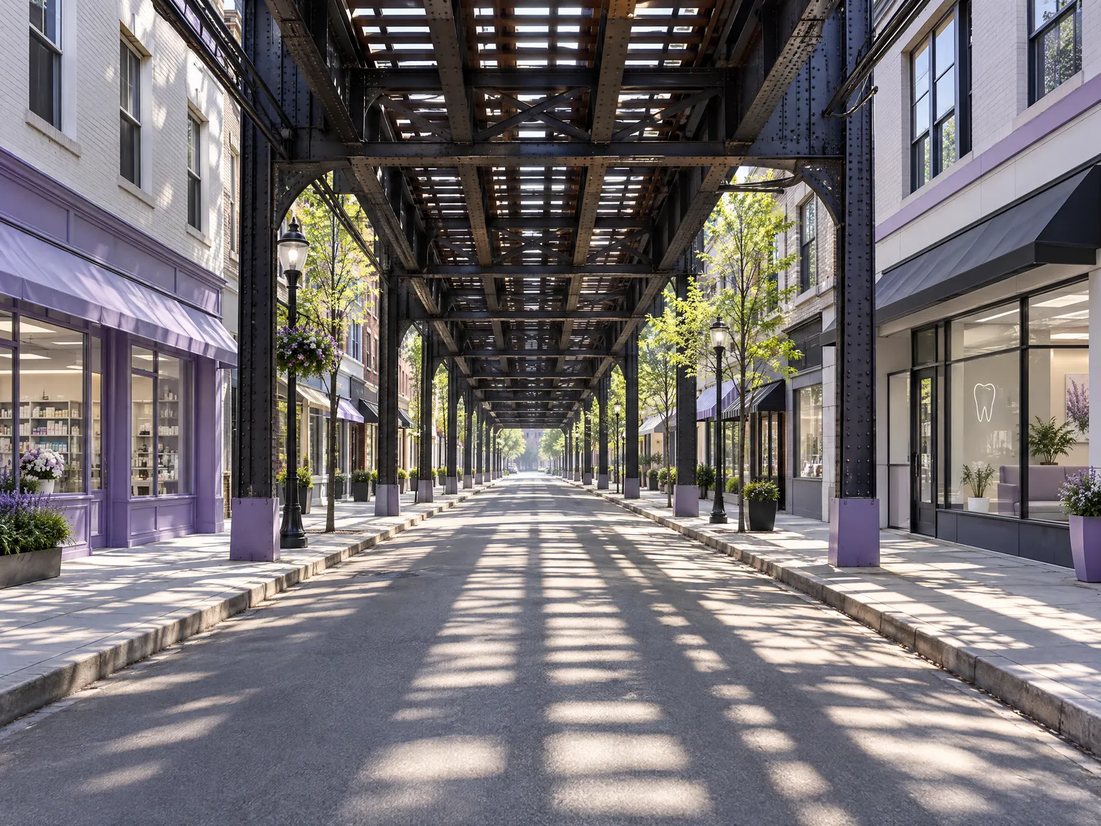 Avenue under an elevated steel train track with sunlight stripes and shops on both sides