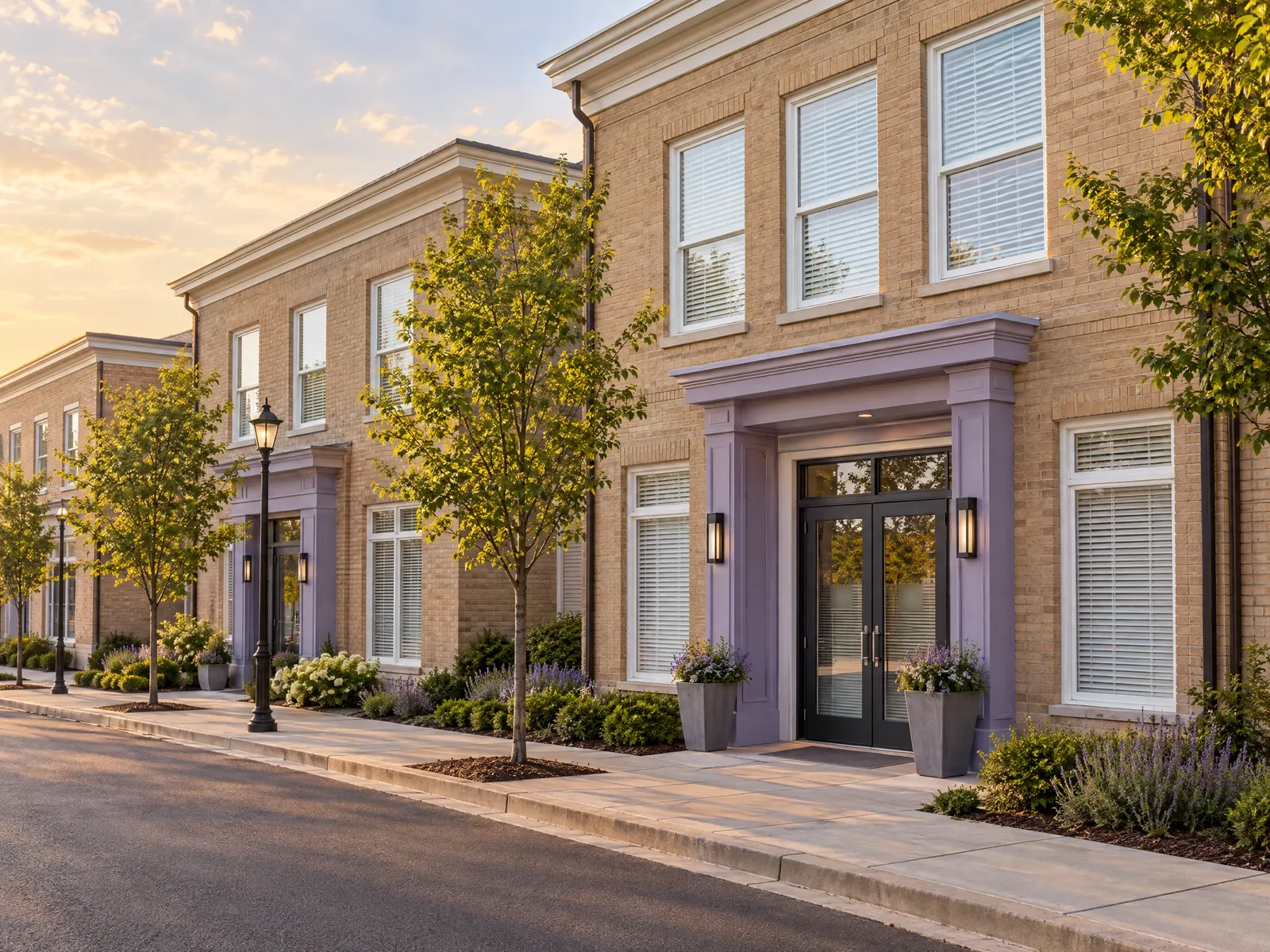 Two story tan brick medical offices with lavender trimmed entrances on a tree lined street