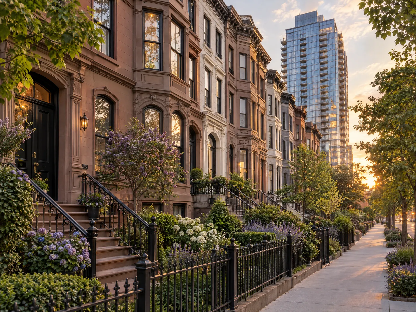 Brownstone row houses with iron railings and a glass apartment tower behind at sunset