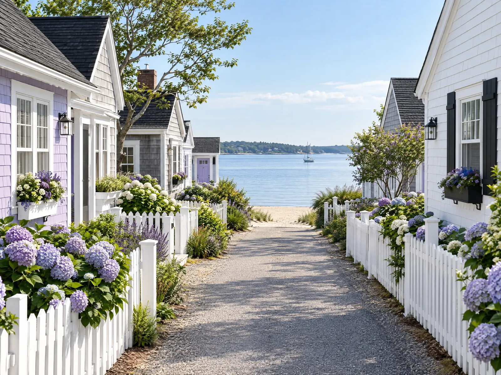 Narrow lane of small cottages with white picket fences and hydrangeas leading to the water