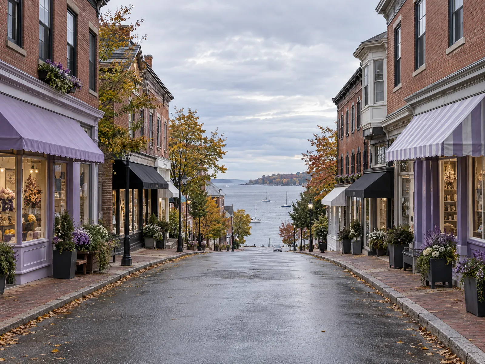 Brick shop row with striped awnings on an autumn street sloping down to harbor water