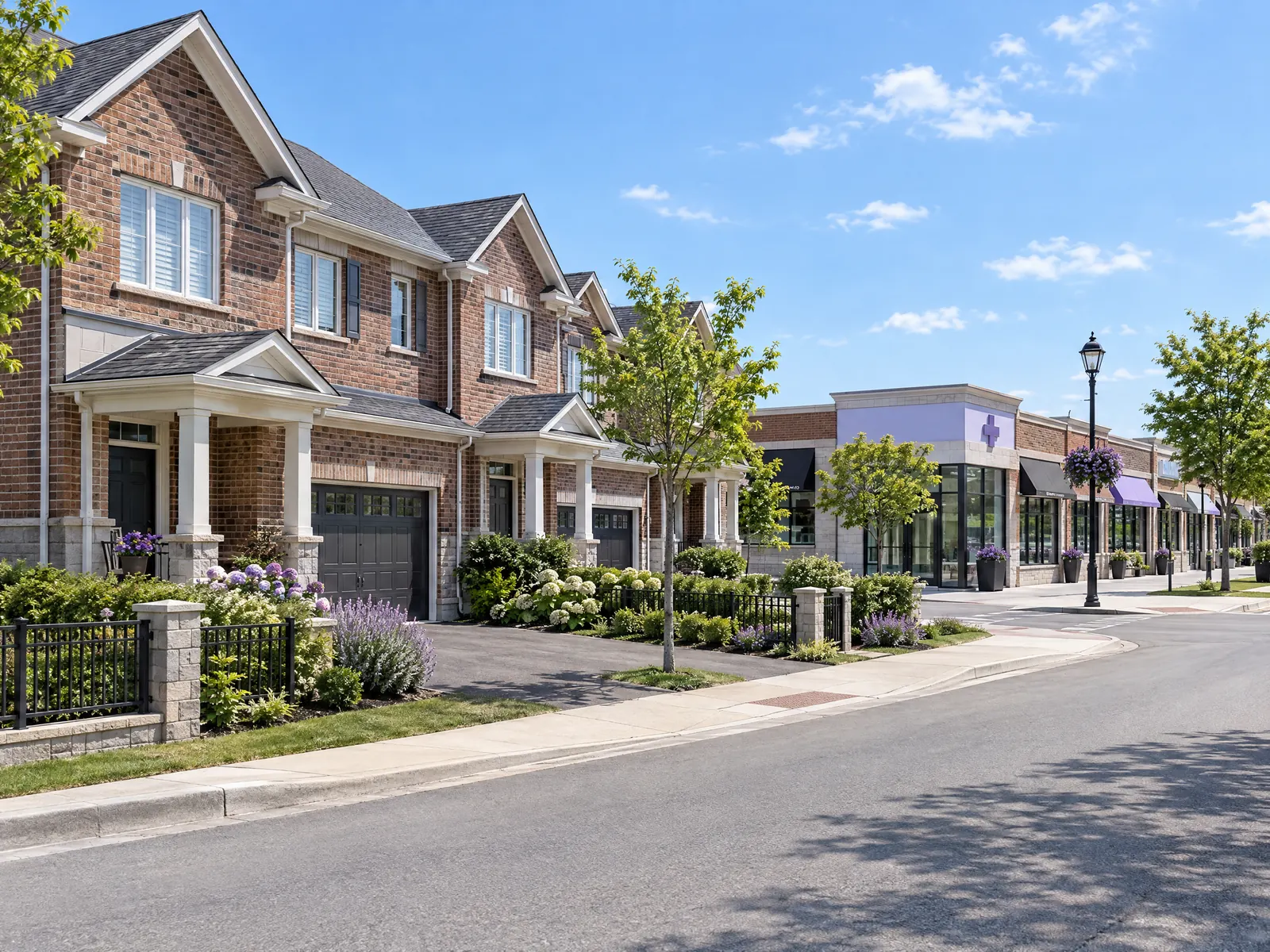 Attached brick homes with driveways and front gardens next to a small row of shops