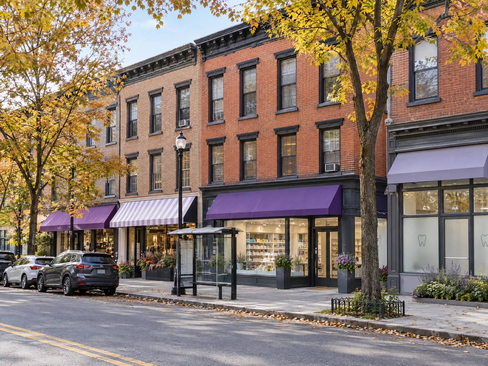 Brick shop row with purple awnings, a bus shelter, pharmacy and dental office in autumn