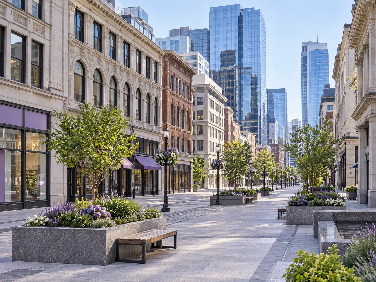 Granite pedestrian plaza with planters and benches below stone buildings and glass office towers