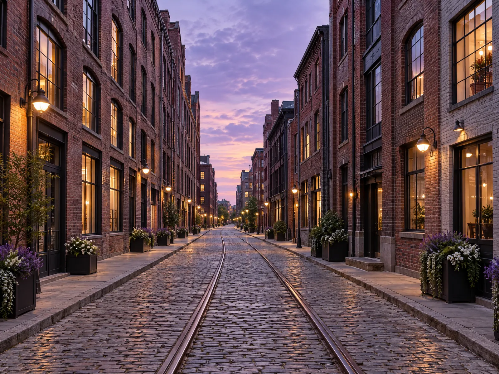 Cobblestone street with embedded rail tracks between brick warehouse lofts with lit windows at dusk