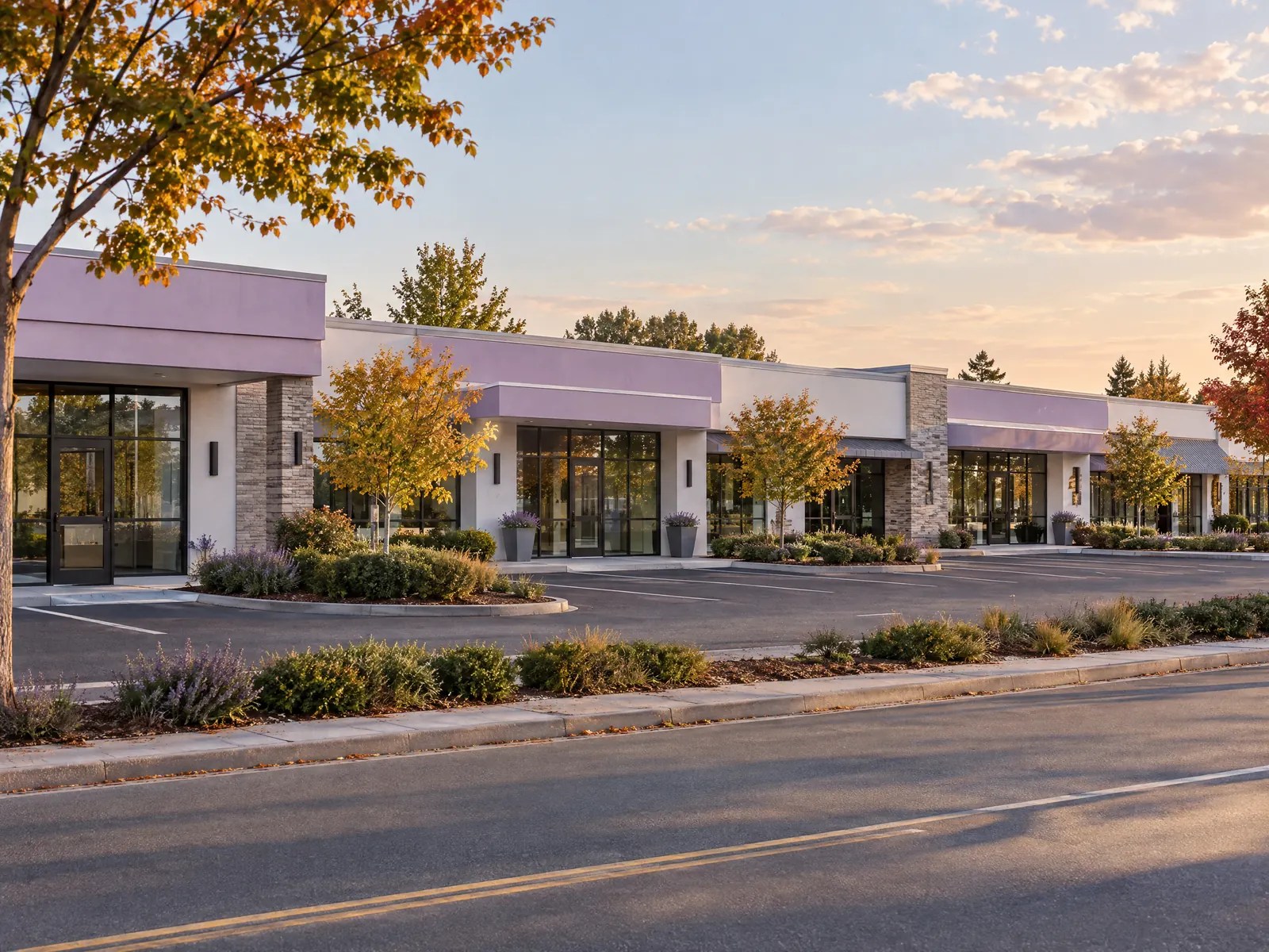 One story row of medical offices and shops with a parking lot at golden hour