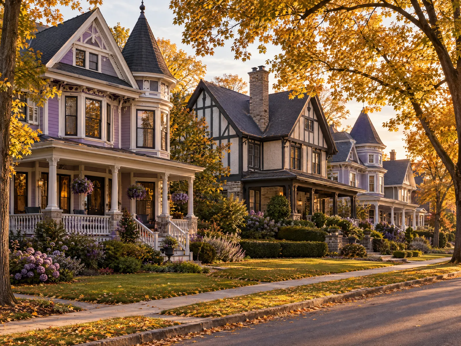 Victorian and Tudor houses with wide porches and lawns under golden autumn trees