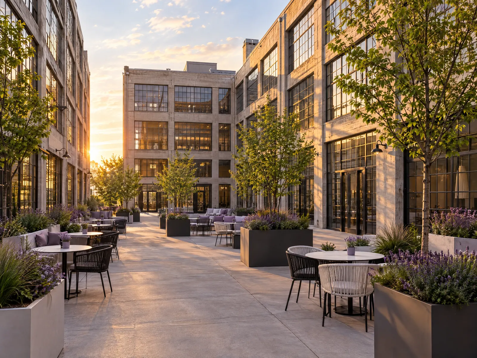 Courtyard with cafe tables between large concrete loft buildings at golden hour