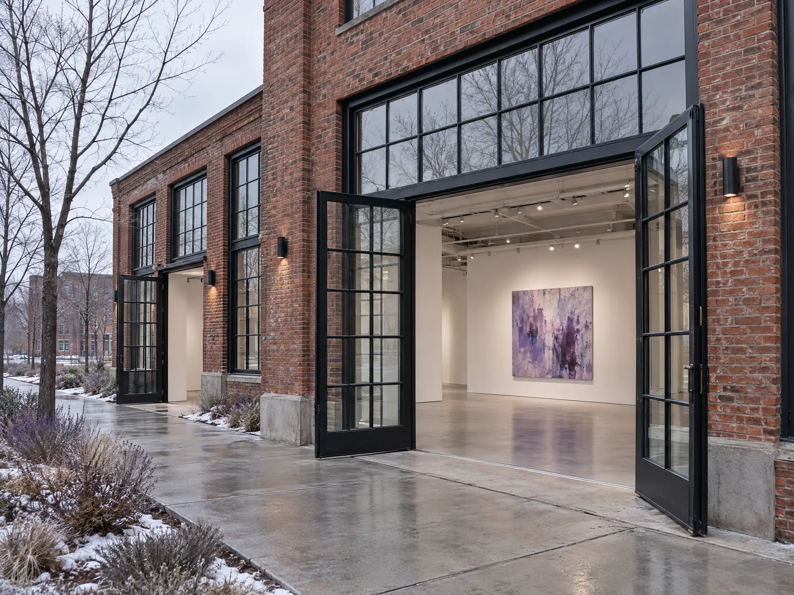 Red brick warehouse gallery with open steel doors and a purple painting in winter