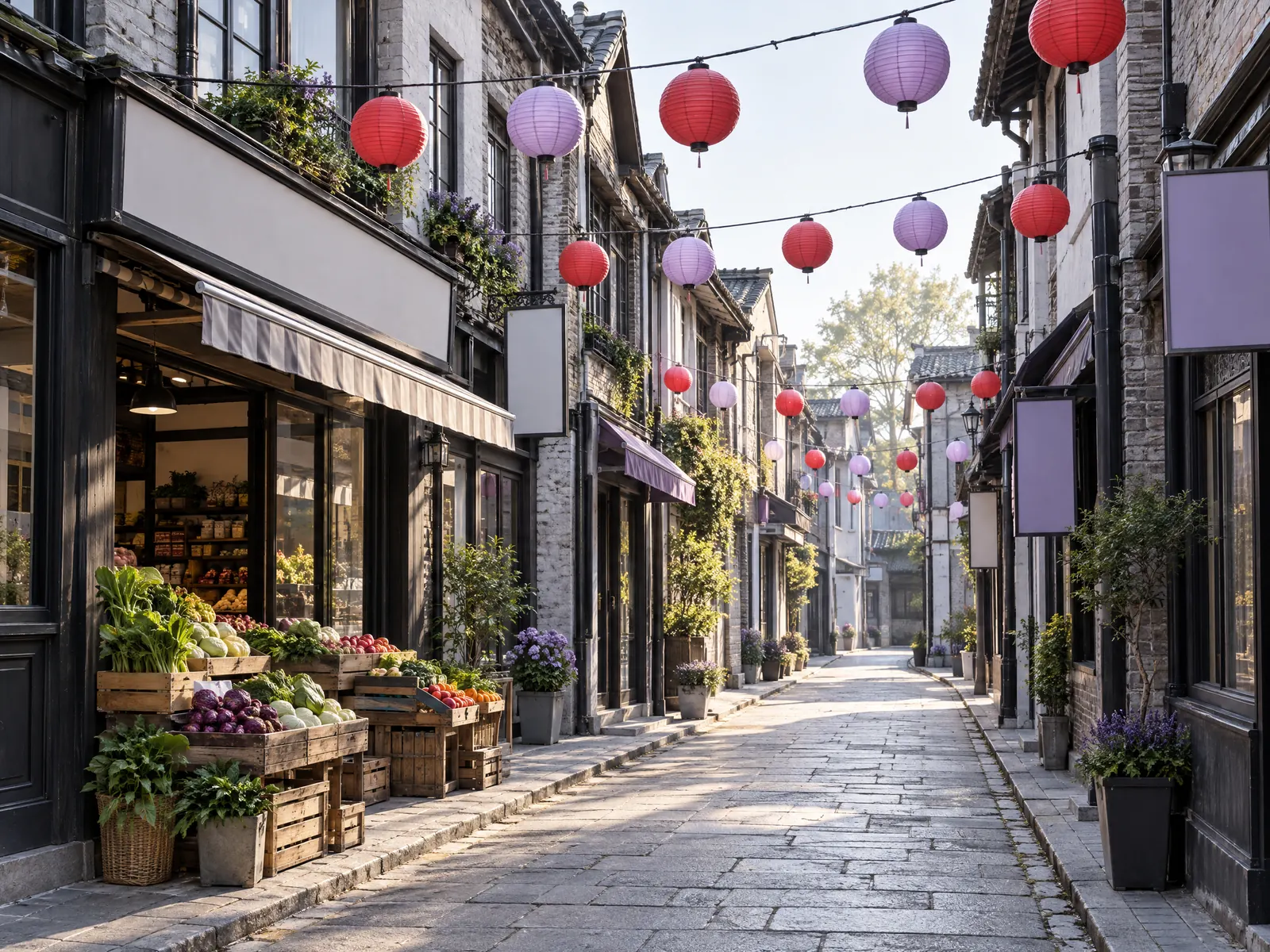 Narrow street of old storefronts with red and lavender paper lanterns and produce crates