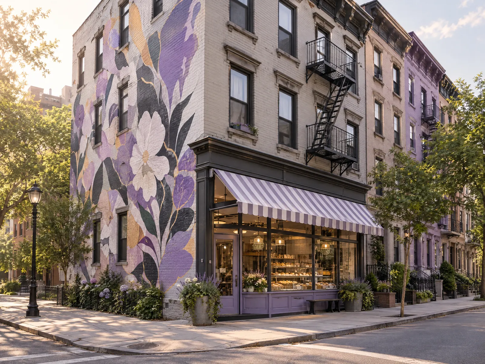 Walk up apartment building with a large floral mural above a bakery with a striped awning