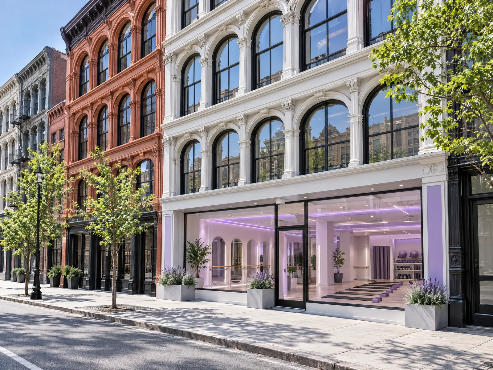 Cast iron loft buildings with arched windows above a bright fitness studio storefront