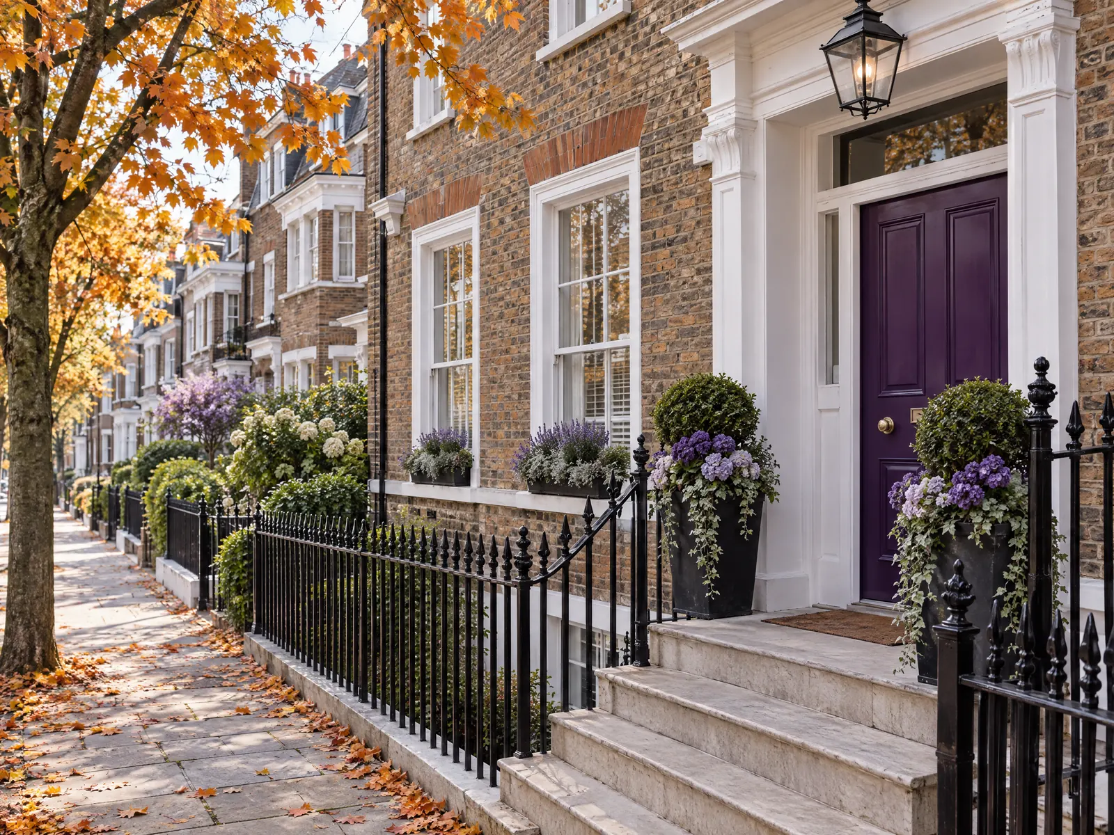 Brick row house with a purple door, iron railings and a lantern in autumn