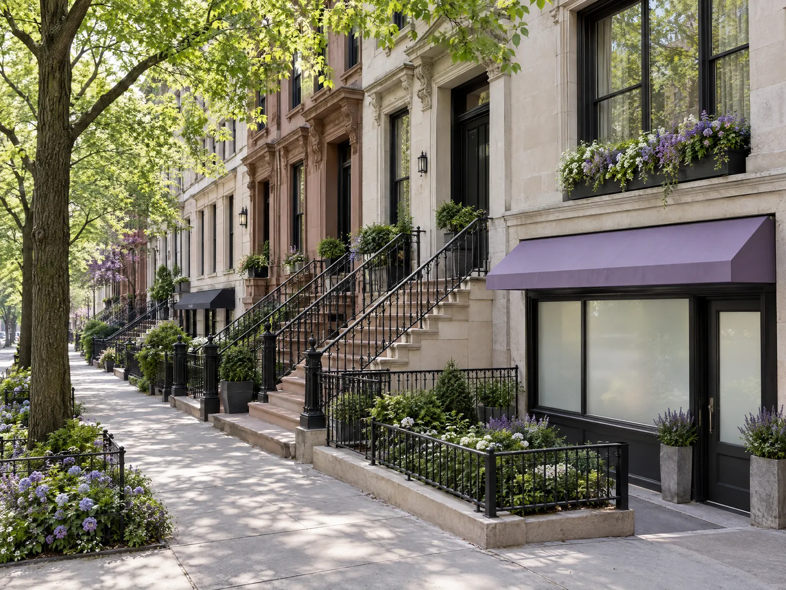 Brownstone and limestone rowhouses with stoops and a lavender awning on a leafy boulevard