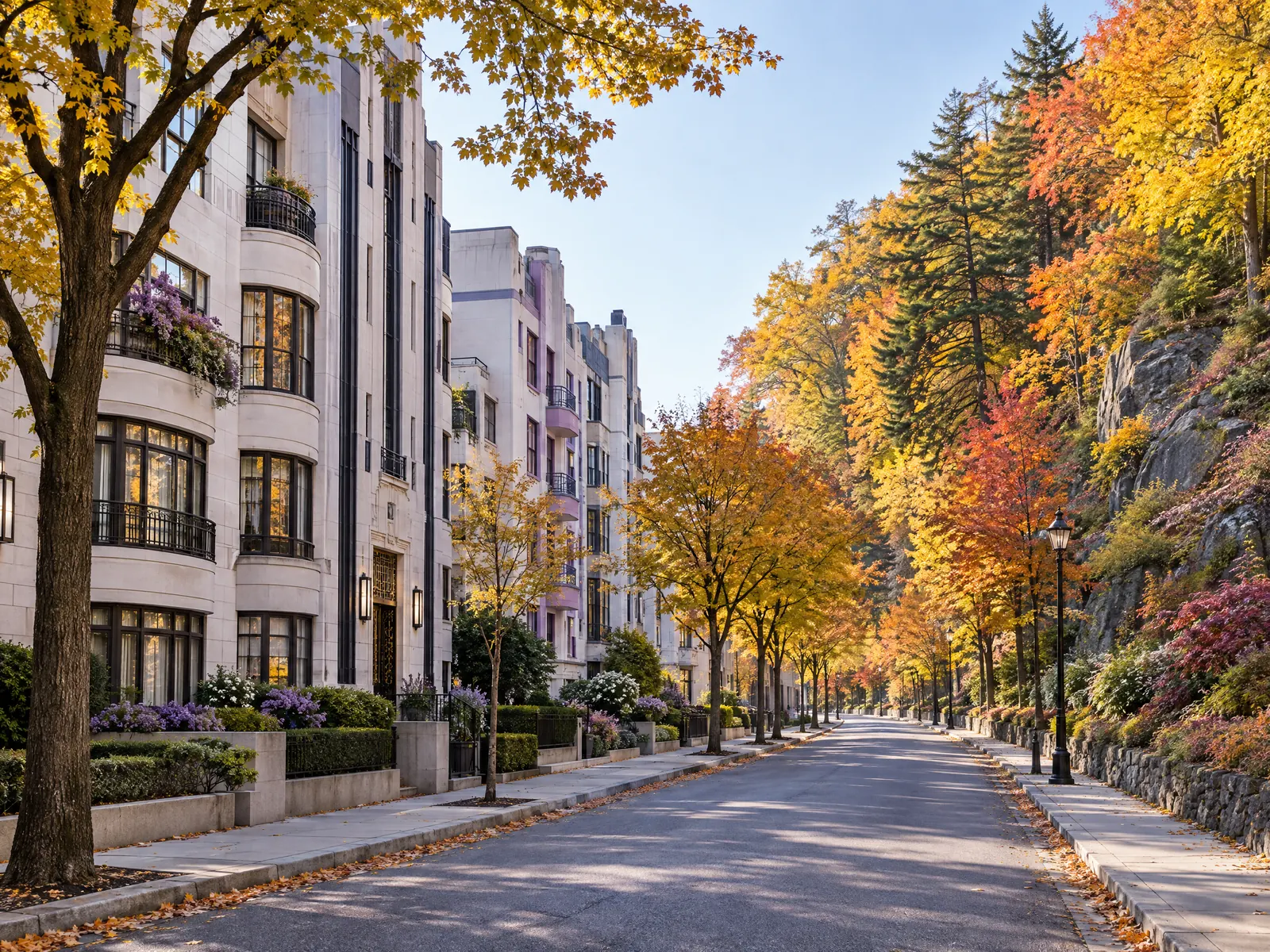 Quiet avenue of white apartment buildings beside a rocky wooded hillside in autumn color