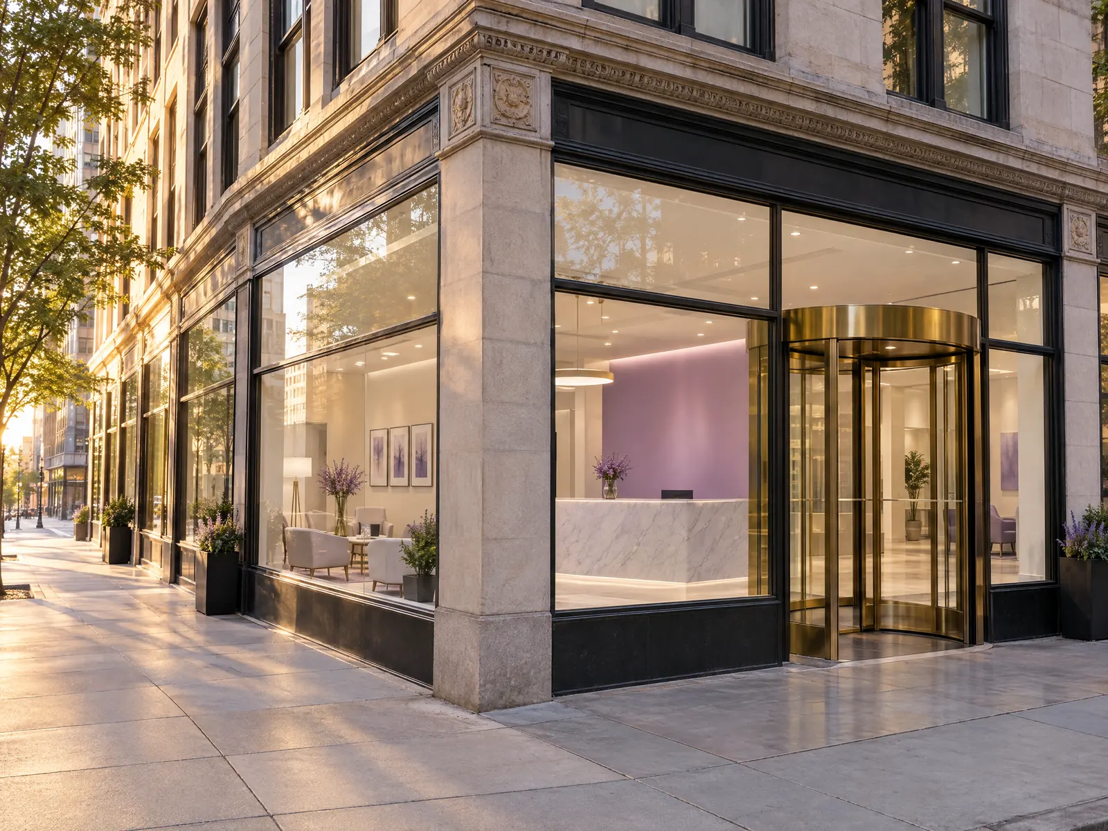 Corner office building with a brass revolving door and a lavender reception area inside