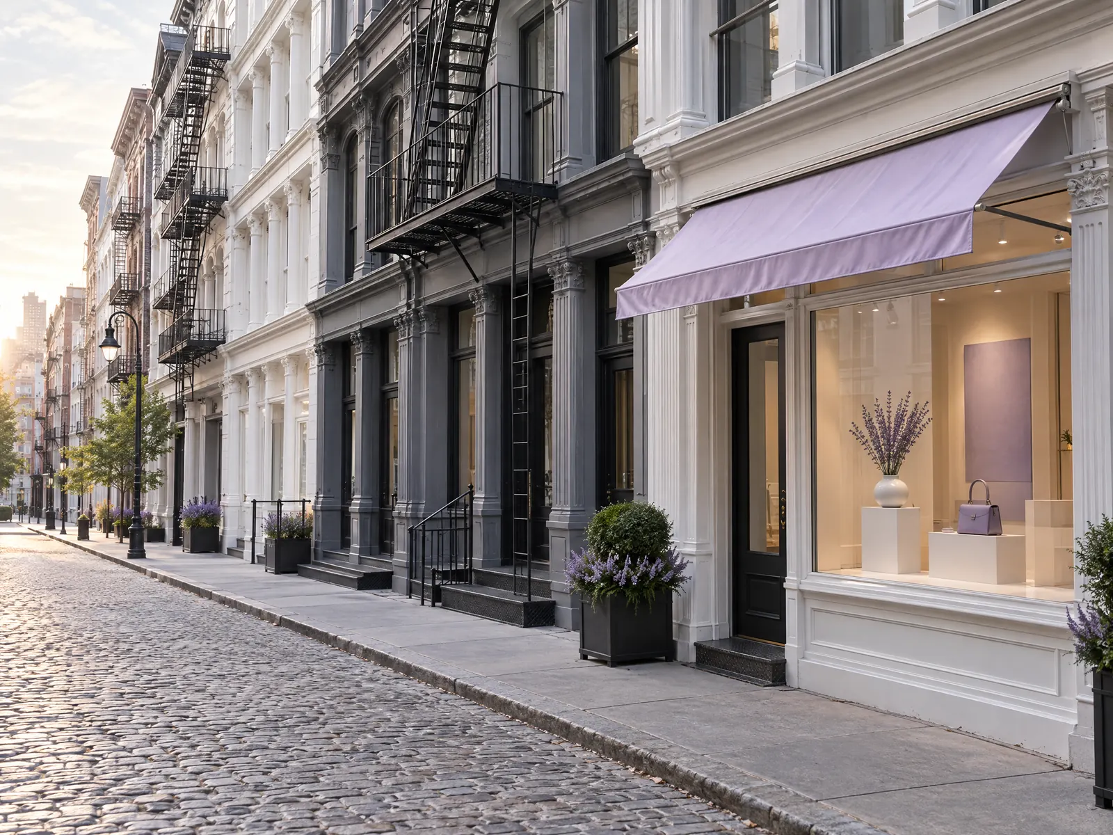 Cobblestone street of cast iron facades with a lavender awning over a boutique window