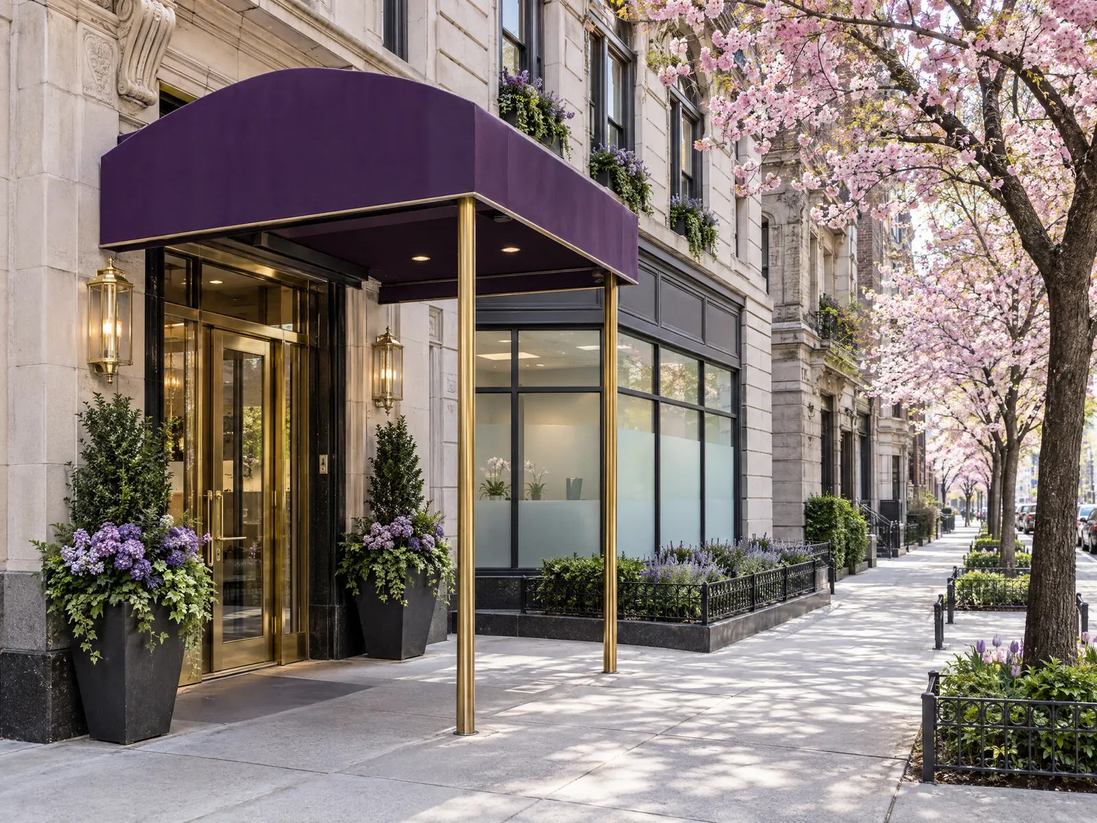 Prewar apartment entrance with a purple canopy beside cherry blossoms on a side street