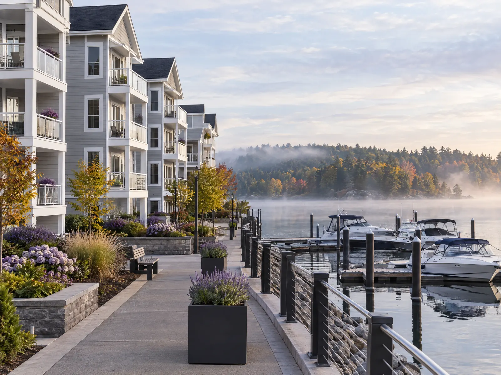 Gray apartment buildings with balconies along a harbor walkway and marina in morning mist