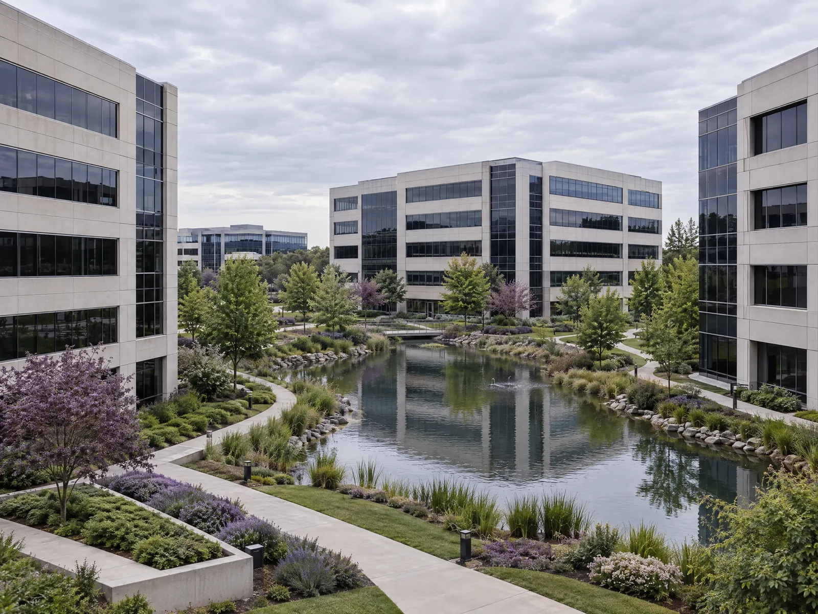 Glass and concrete office buildings around a landscaped pond on an overcast day