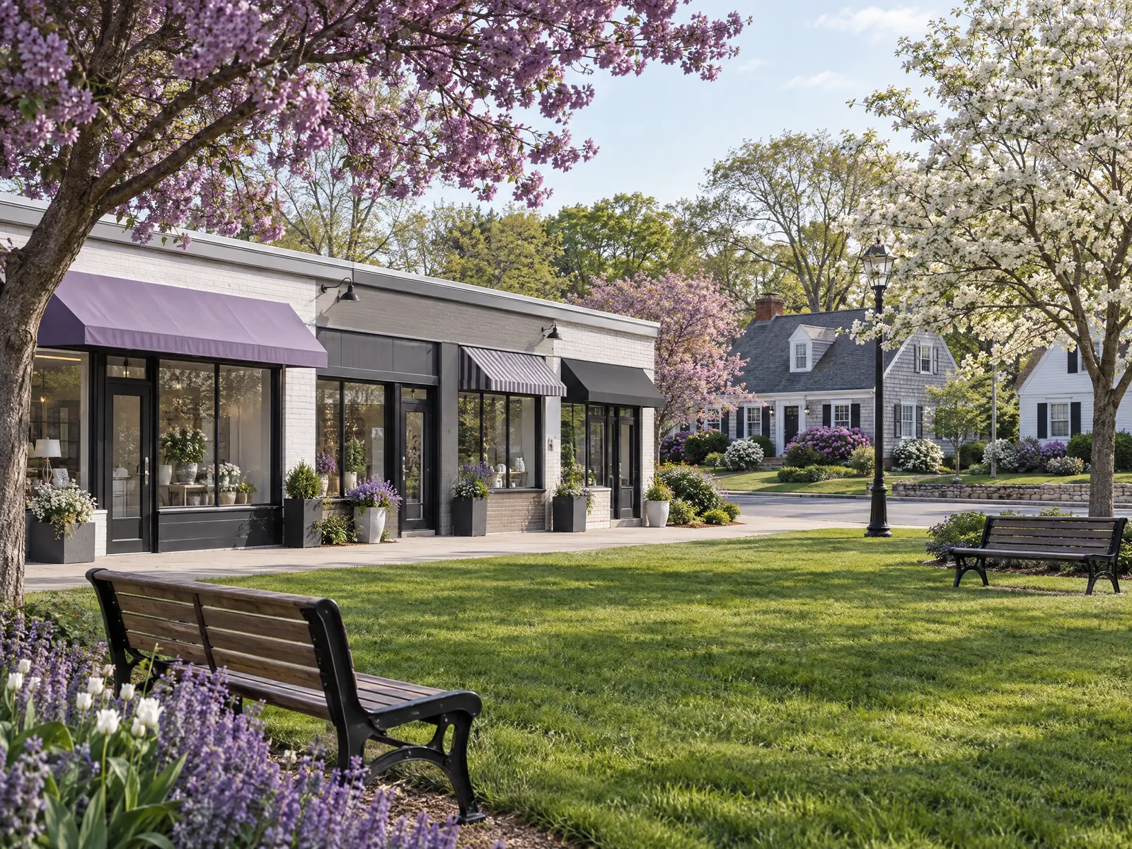 Low storefronts facing a grassy green with benches and Cape Cod houses in spring bloom