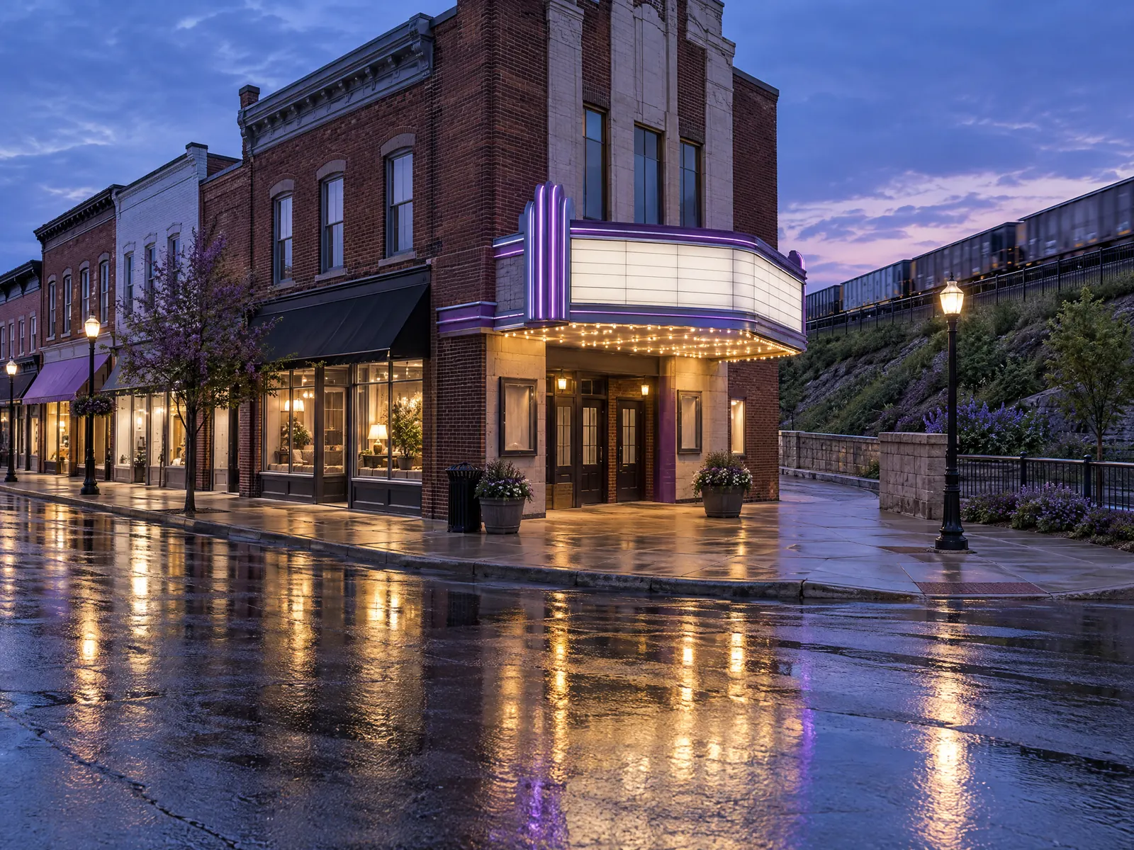 Brick theater with a blank lit marquee beside a railroad embankment on a wet evening