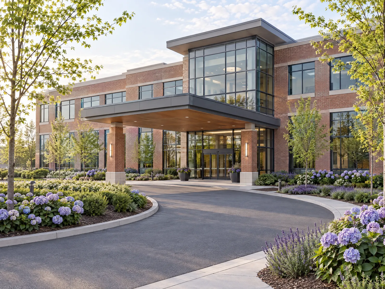 Brick and glass medical office building with a covered entrance and hydrangea beds