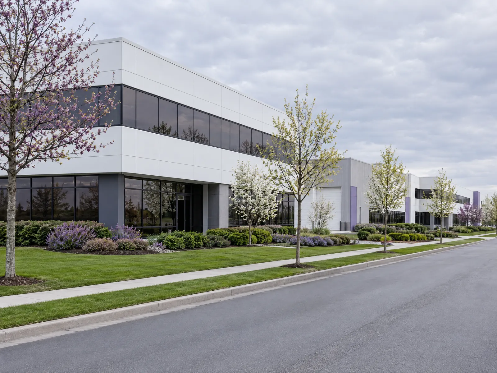 White flex office buildings with ribbon windows along a landscaped road in early spring