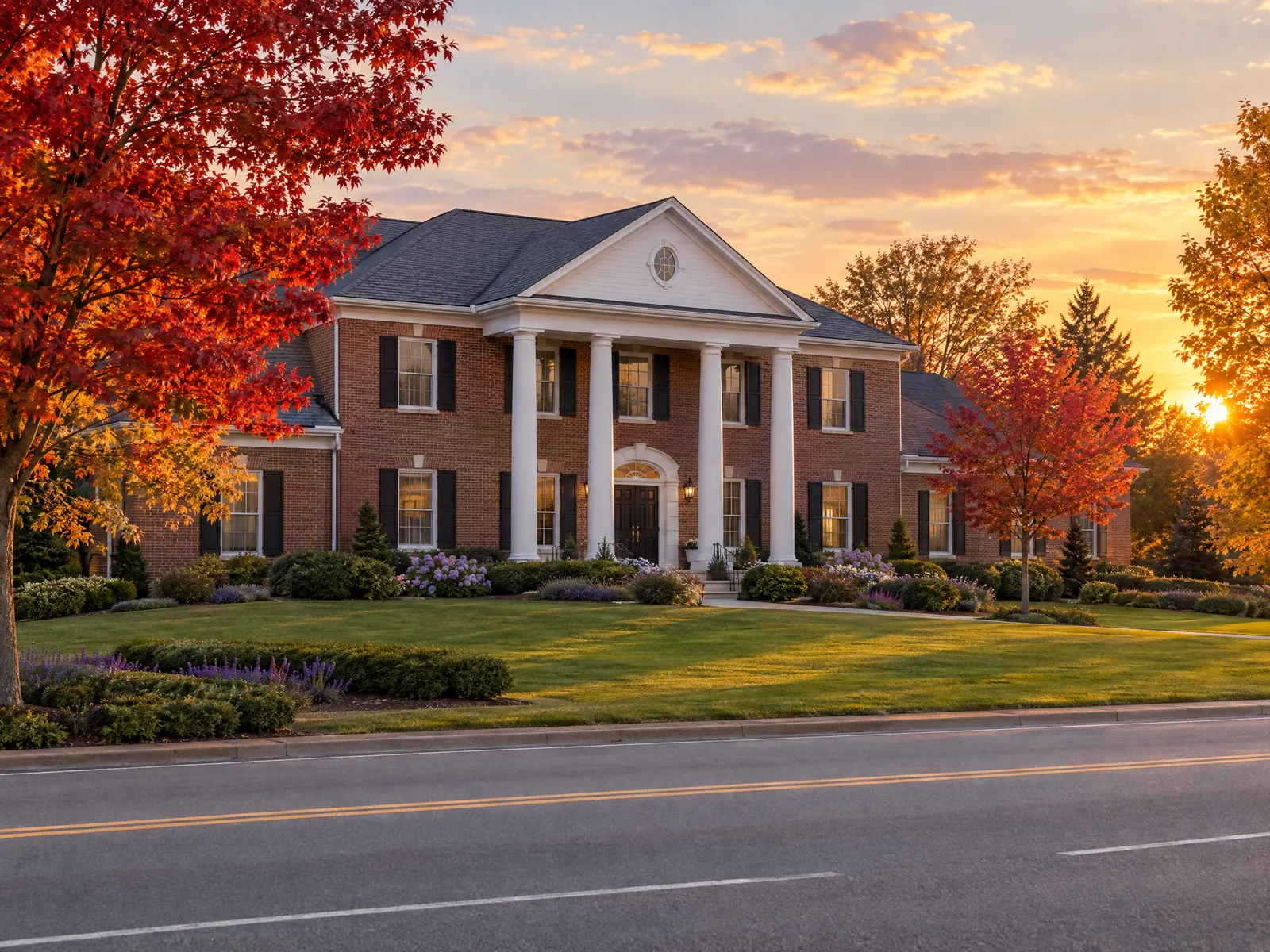Colonial brick office building with white columns on a lawn under red autumn maples
