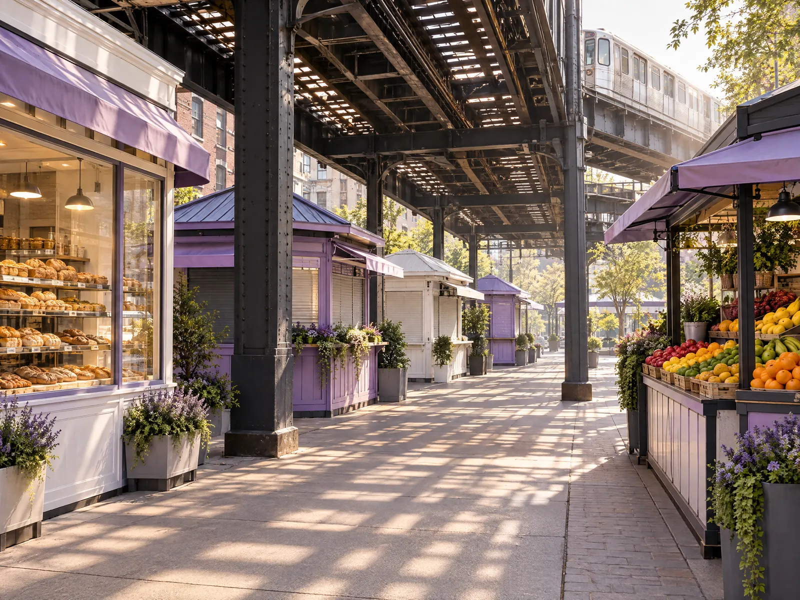 Bakery and fruit stand with lavender awnings beneath an elevated train line in afternoon sun
