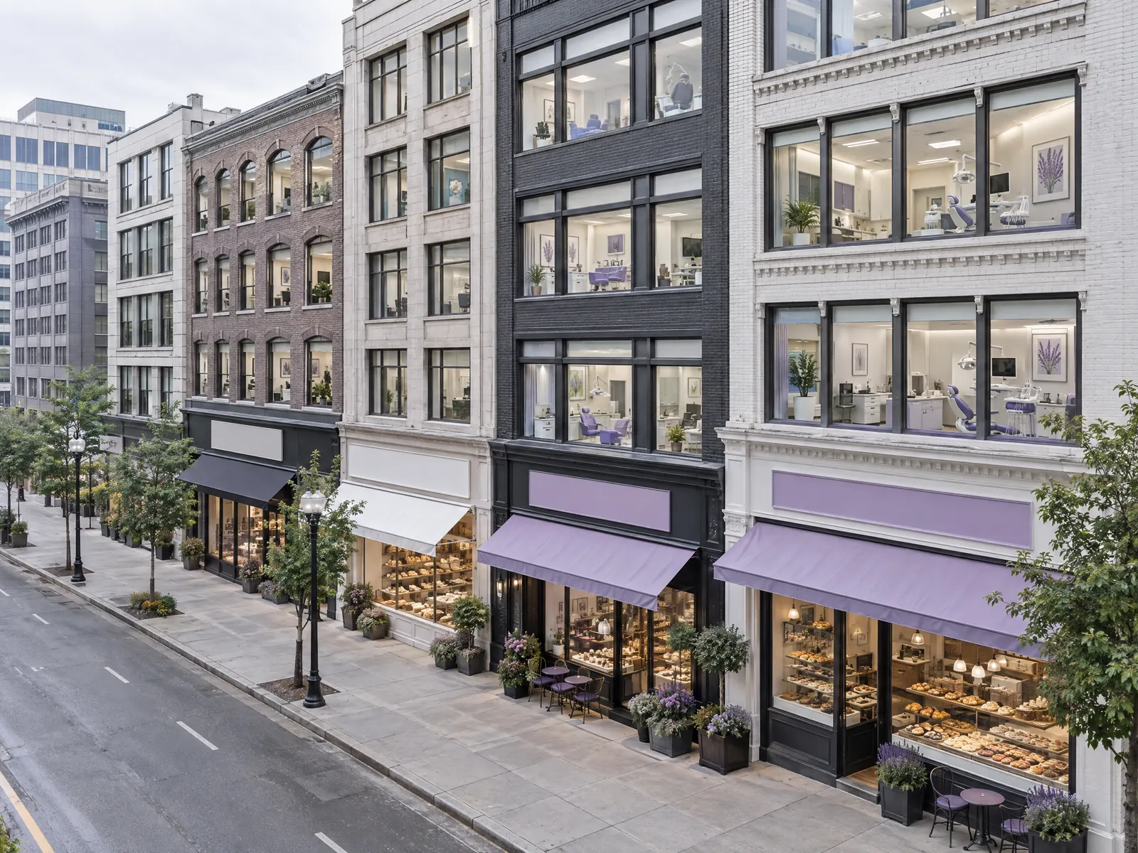 Busy downtown block of bakeries with lavender awnings below several floors of medical offices