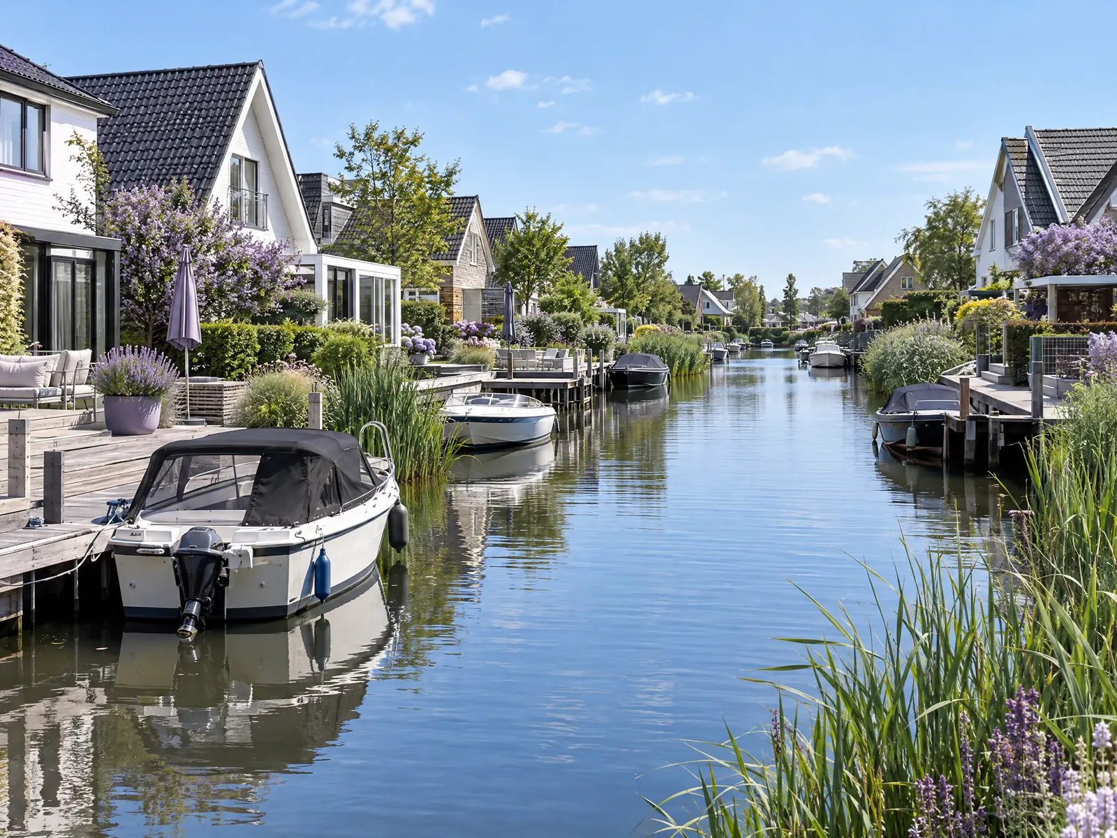 Canal lined with backyard docks, small motorboats and houses on a sunny day